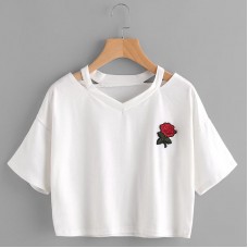 BYDI T-shirt Cropped Rosa Vermelha com Recortes (Cores)